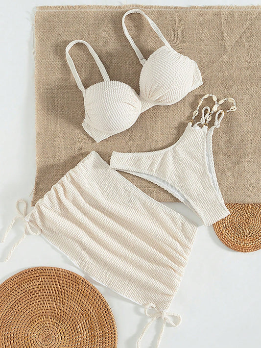 Swim Vcay 3 Pcs Women Solid High-Cut Textured Padded Bikini Set, Elegant & Romantic Summer