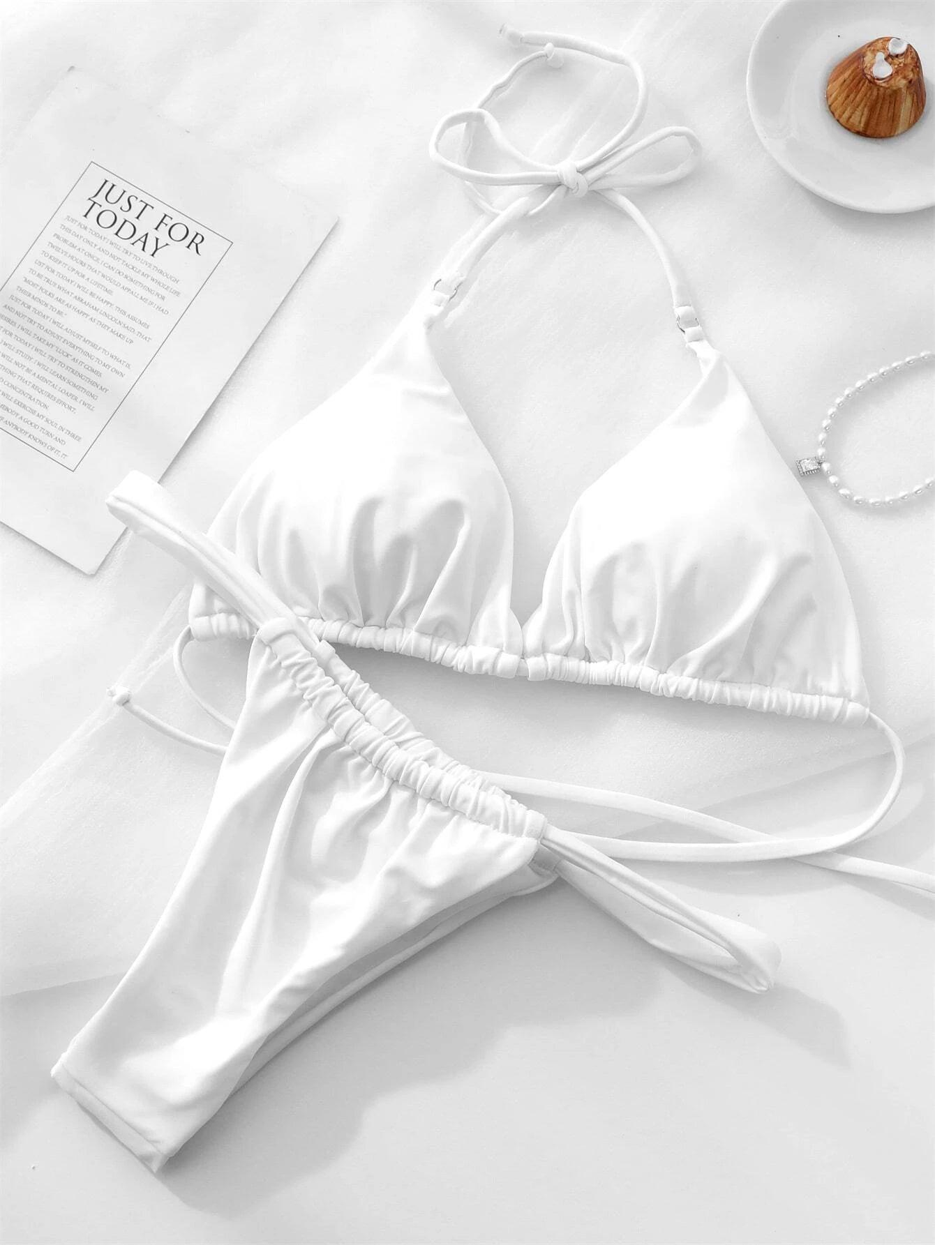 Swim Summer Beach Solid Color Halter Triangle Cup Separated Bikini Set