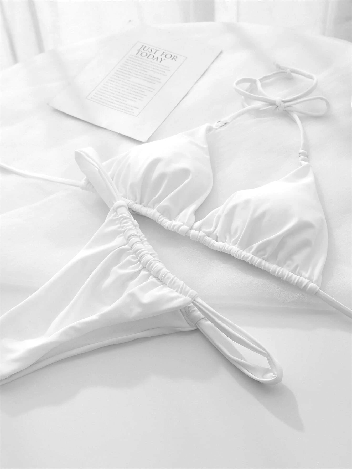 Swim Summer Beach Solid Color Halter Triangle Cup Separated Bikini Set