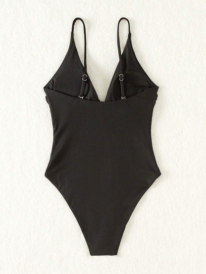 Swim Summer Beach Ladies' Solid Color Pleated One-Piece Swimsuit with Shoulder Straps