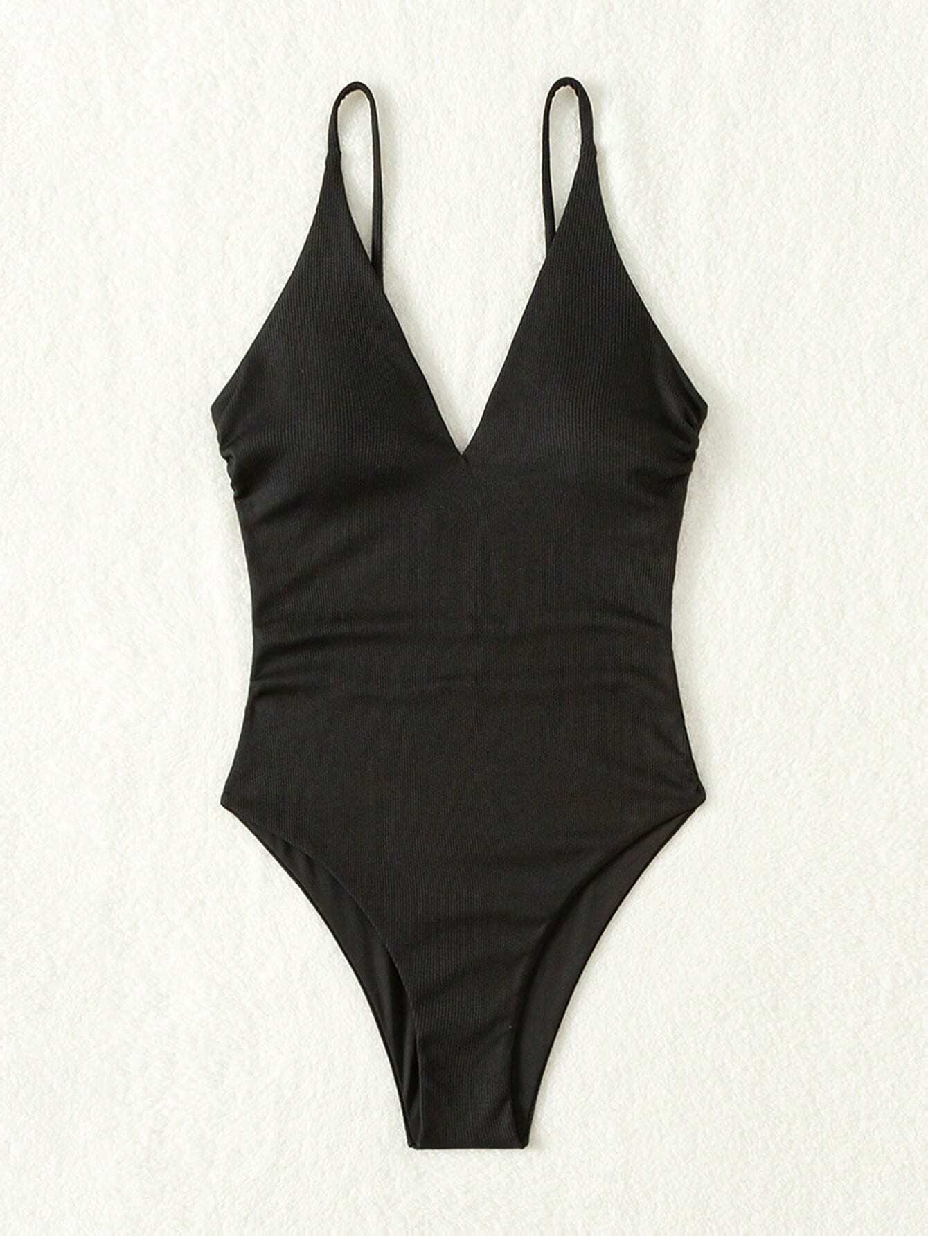Swim Summer Beach Ladies' Solid Color Pleated One-Piece Swimsuit with Shoulder Straps