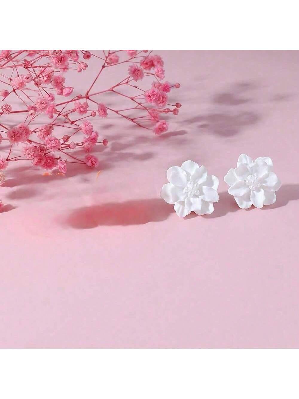 Elegant and Versatile Exaggerated Camellia Flower Earrings with Fresh and Stylish White Floral Faux Pearl Studs Valentines