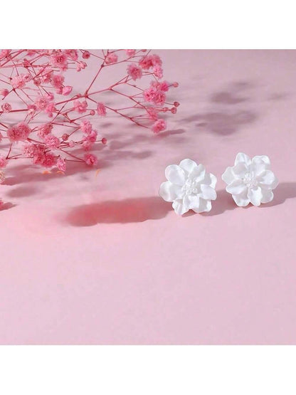 Elegant and Versatile Exaggerated Camellia Flower Earrings with Fresh and Stylish White Floral Faux Pearl Studs Valentines