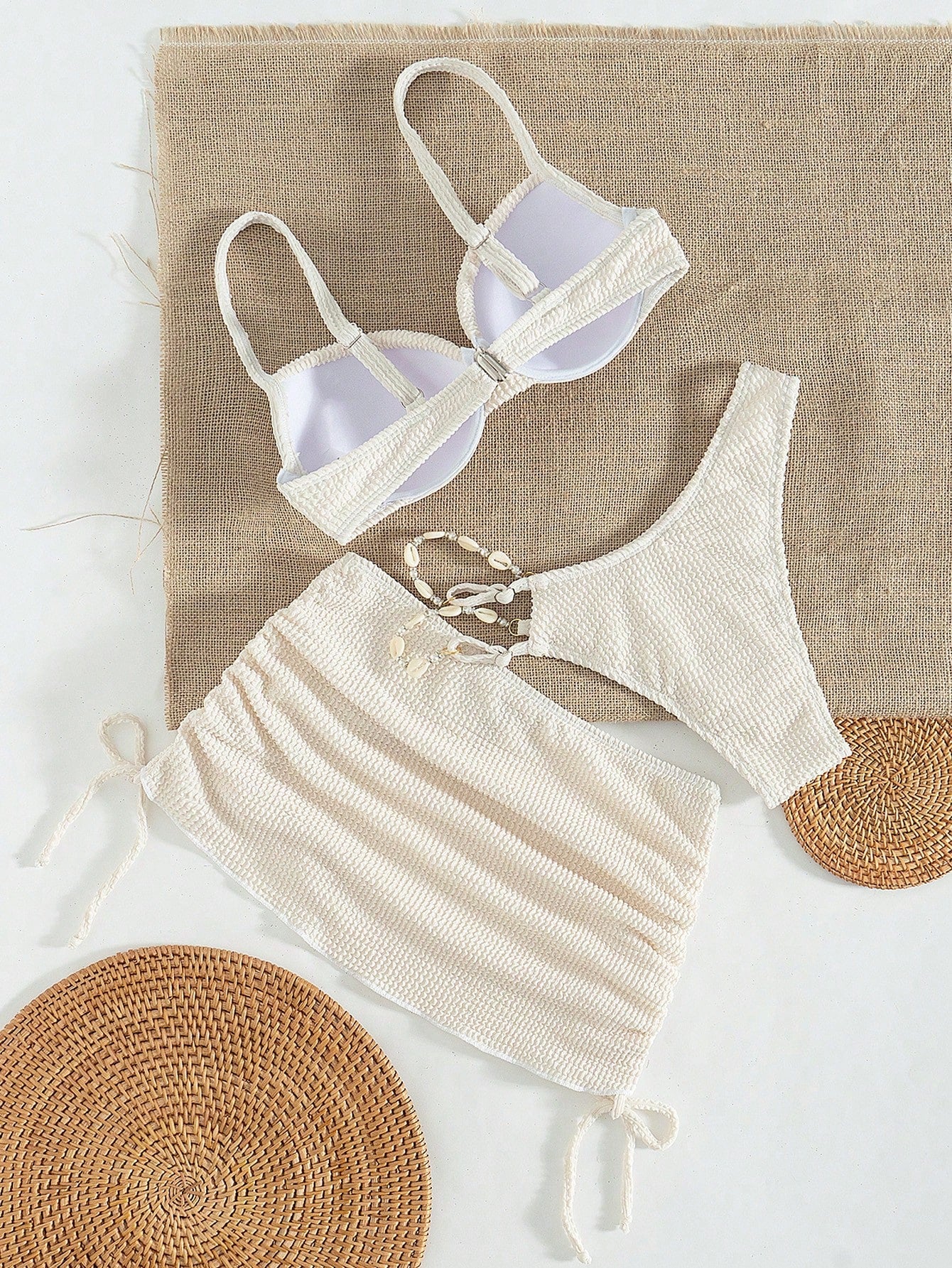 Swim Vcay 3 Pcs Women Solid High-Cut Textured Padded Bikini Set, Elegant & Romantic Summer