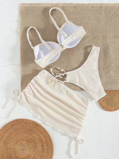 Swim Vcay 3 Pcs Women Solid High-Cut Textured Padded Bikini Set, Elegant & Romantic Summer