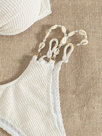 Swim Vcay 3 Pcs Women Solid High-Cut Textured Padded Bikini Set, Elegant & Romantic Summer