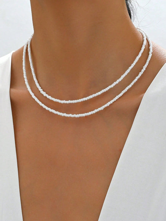1Pc Elegant Style White Faux Pearl Double Layer Necklace, Suitable for Teenagers and Young Girls, Beach, Vacation, Travel Outfit Accessories, Fashion Jewelry Gift