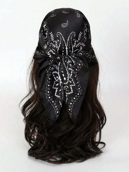 1Pc Women Bandana Style Paisley Print Silky Square Scarf Head Wrap Hair Accessory, Suitable for Daily Use