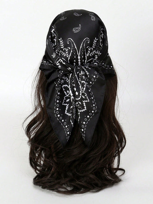 1Pc Women Bandana Style Paisley Print Silky Square Scarf Head Wrap Hair Accessory, Suitable for Daily Use