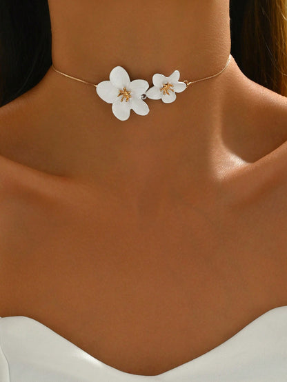 1Pc Adjustable White Floral Necklace, Fresh & Elegant Design, Suitable for Daily Wear, Beach Vacation, Party, Gift