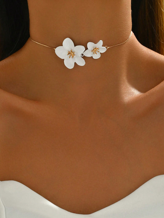 1Pc Adjustable White Floral Necklace, Fresh & Elegant Design, Suitable for Daily Wear, Beach Vacation, Party, Gift