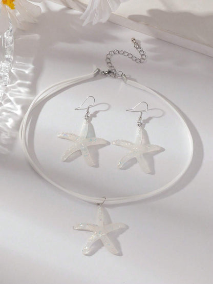 1 Set of 3Pcs Simple Fashion Pentagram Pendant Necklace, Beach Vacation Style Starfish Earrings Necklace Personality Beach Resin Starfish Women'S Jewelry Set