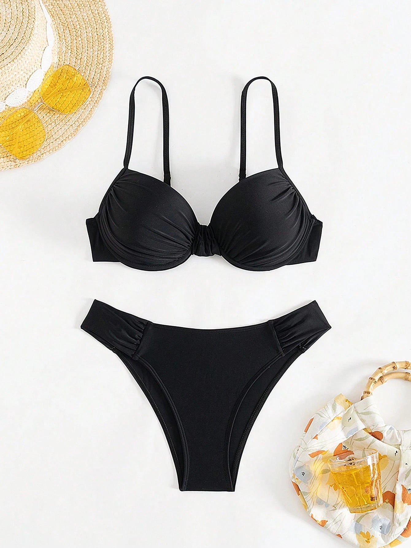Women Beach Wear Summer 2Pcs Sets - Ruched Underwire Bustier Bikini Top and Bikini Bottom, Black Sexy Swimwear