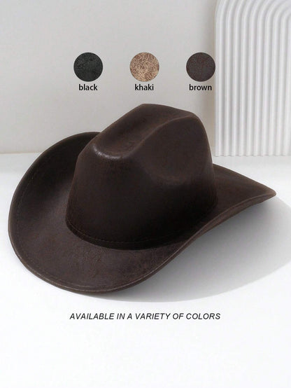 1Pc Unisex PU Leather Western Cowboy Hat, Vintage Brown Pattern Leather Unique Top Design Wide Brim, Street Fashion Looks, Gift for Men, Retro Adventure Hiking Prairie Hat, Suitable for Daily Wear, Cosplay, Festivals, Parties, Travels, Sun Protection