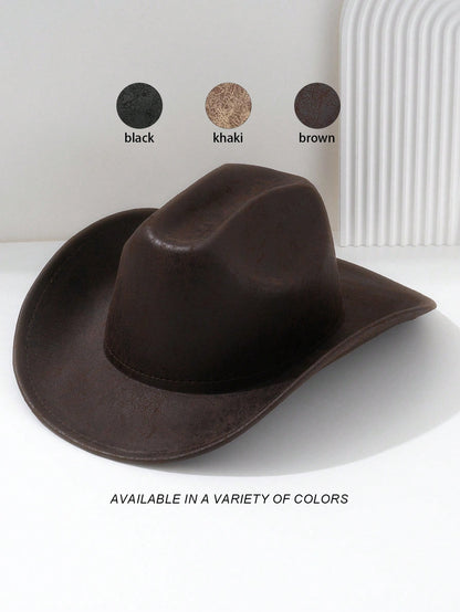 1Pc Unisex PU Leather Western Cowboy Hat, Vintage Brown Pattern Leather Unique Top Design Wide Brim, Street Fashion Looks, Gift for Men, Retro Adventure Hiking Prairie Hat, Suitable for Daily Wear, Cosplay, Festivals, Parties, Travels, Sun Protection