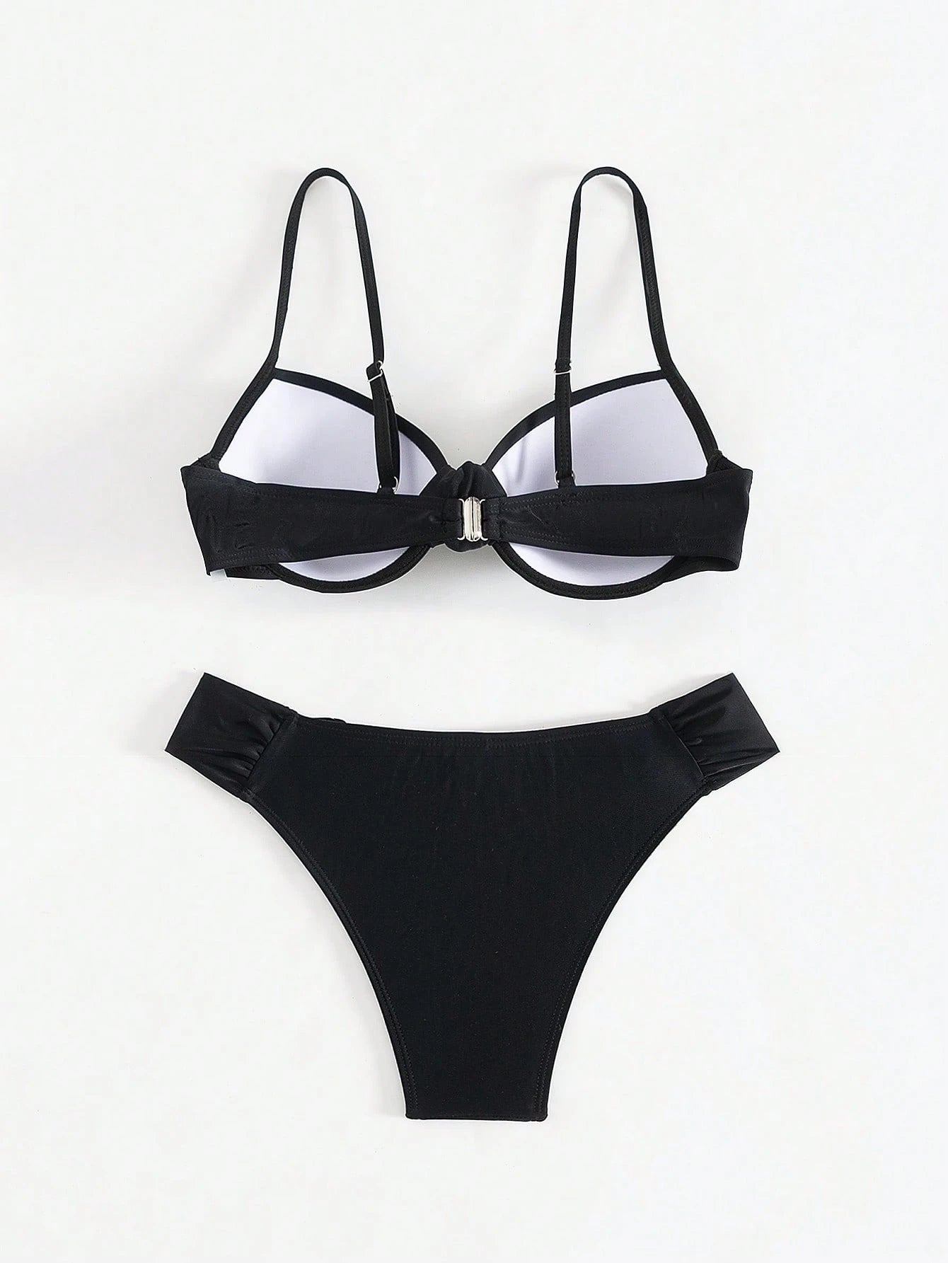 Women Beach Wear Summer 2Pcs Sets - Ruched Underwire Bustier Bikini Top and Bikini Bottom, Black Sexy Swimwear