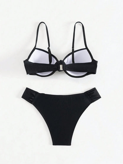 Women Beach Wear Summer 2Pcs Sets - Ruched Underwire Bustier Bikini Top and Bikini Bottom, Black Sexy Swimwear