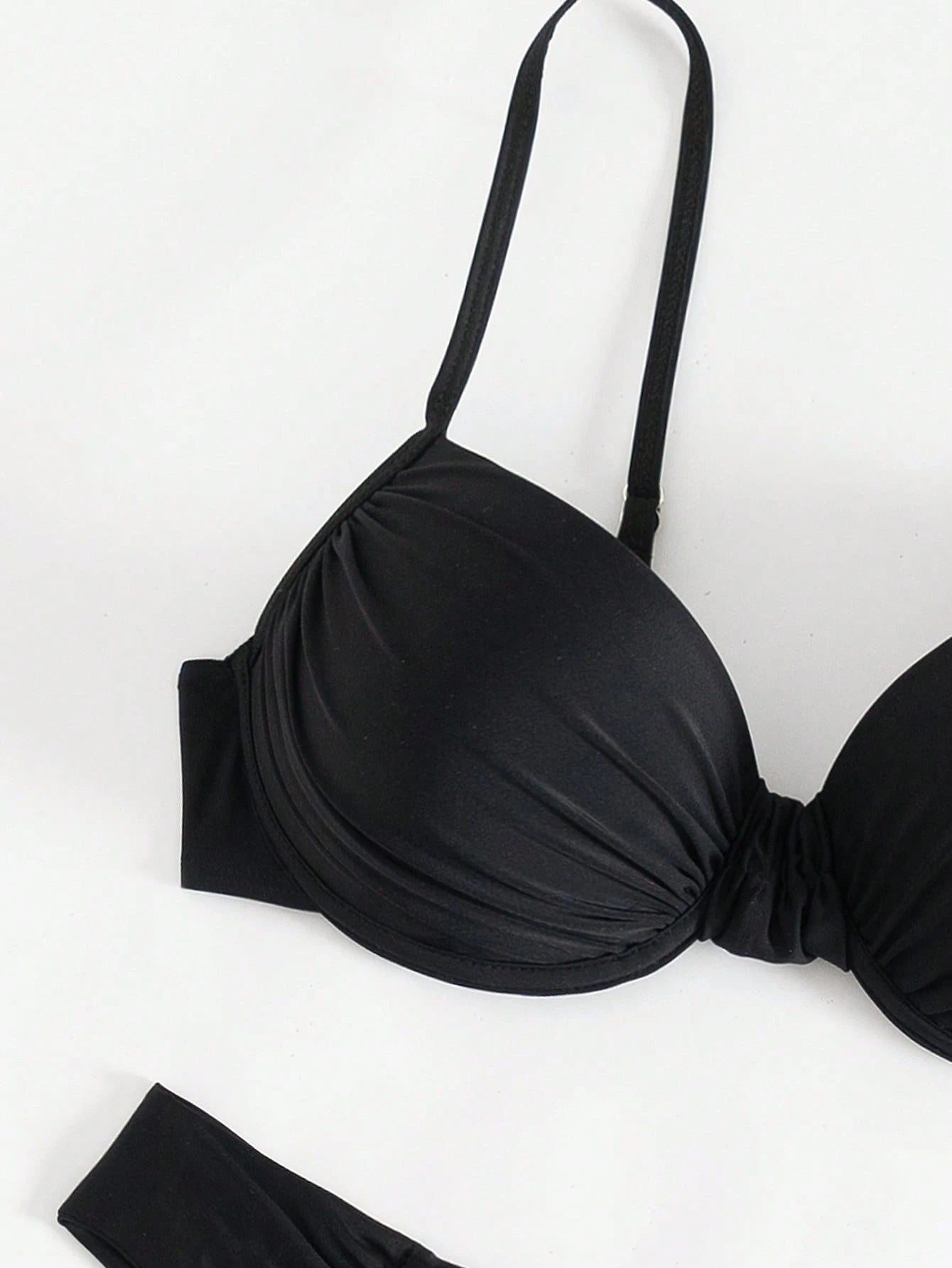 Women Beach Wear Summer 2Pcs Sets - Ruched Underwire Bustier Bikini Top and Bikini Bottom, Black Sexy Swimwear