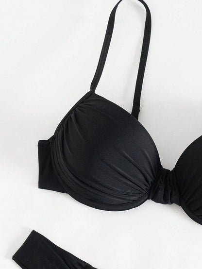 Women Beach Wear Summer 2Pcs Sets - Ruched Underwire Bustier Bikini Top and Bikini Bottom, Black Sexy Swimwear