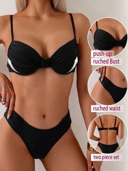 Women Beach Wear Summer 2Pcs Sets - Ruched Underwire Bustier Bikini Top and Bikini Bottom, Black Sexy Swimwear