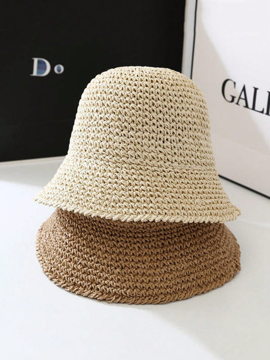 Handmade Foldable Woven Bucket Hat for Women, Korean Style Summer Beach Sun Hat