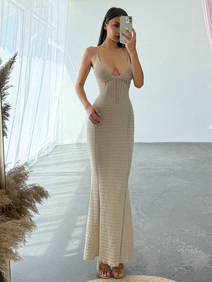Aloruh Elegant Deep V-Neck Hollow Out Spaghetti Strap Back Tie Backless Slim Summer Crochet Dress