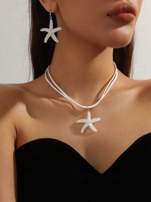 1 Set of 3Pcs Simple Fashion Pentagram Pendant Necklace, Beach Vacation Style Starfish Earrings Necklace Personality Beach Resin Starfish Women'S Jewelry Set