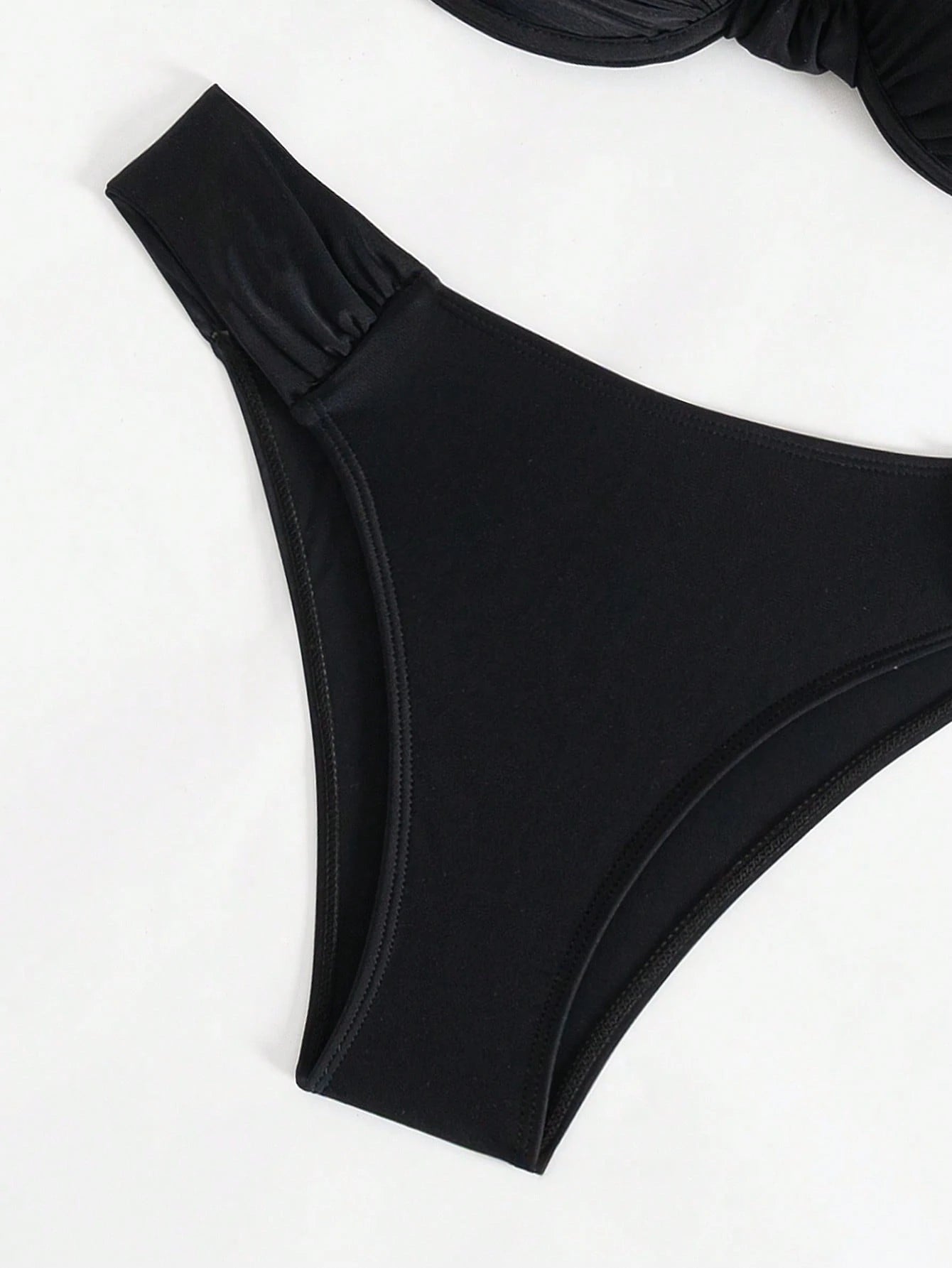 Women Beach Wear Summer 2Pcs Sets - Ruched Underwire Bustier Bikini Top and Bikini Bottom, Black Sexy Swimwear