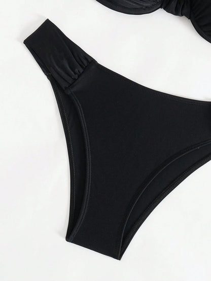 Women Beach Wear Summer 2Pcs Sets - Ruched Underwire Bustier Bikini Top and Bikini Bottom, Black Sexy Swimwear