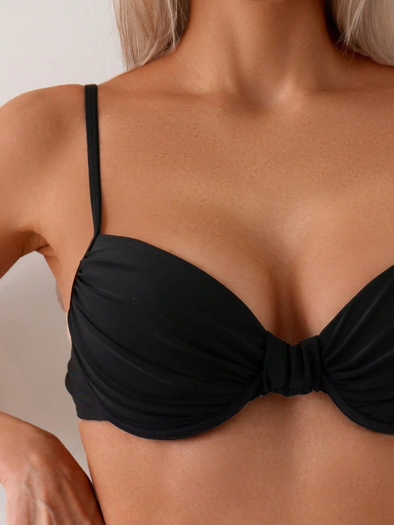 Women Beach Wear Summer 2Pcs Sets - Ruched Underwire Bustier Bikini Top and Bikini Bottom, Black Sexy Swimwear